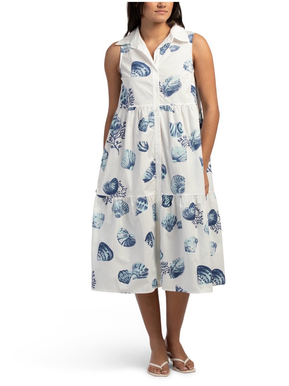 BELLAMBRA MADE IN ITALY WHITE & BLUE SLEEVELESS SEASHELL PRINT MIDI DRESS NWT